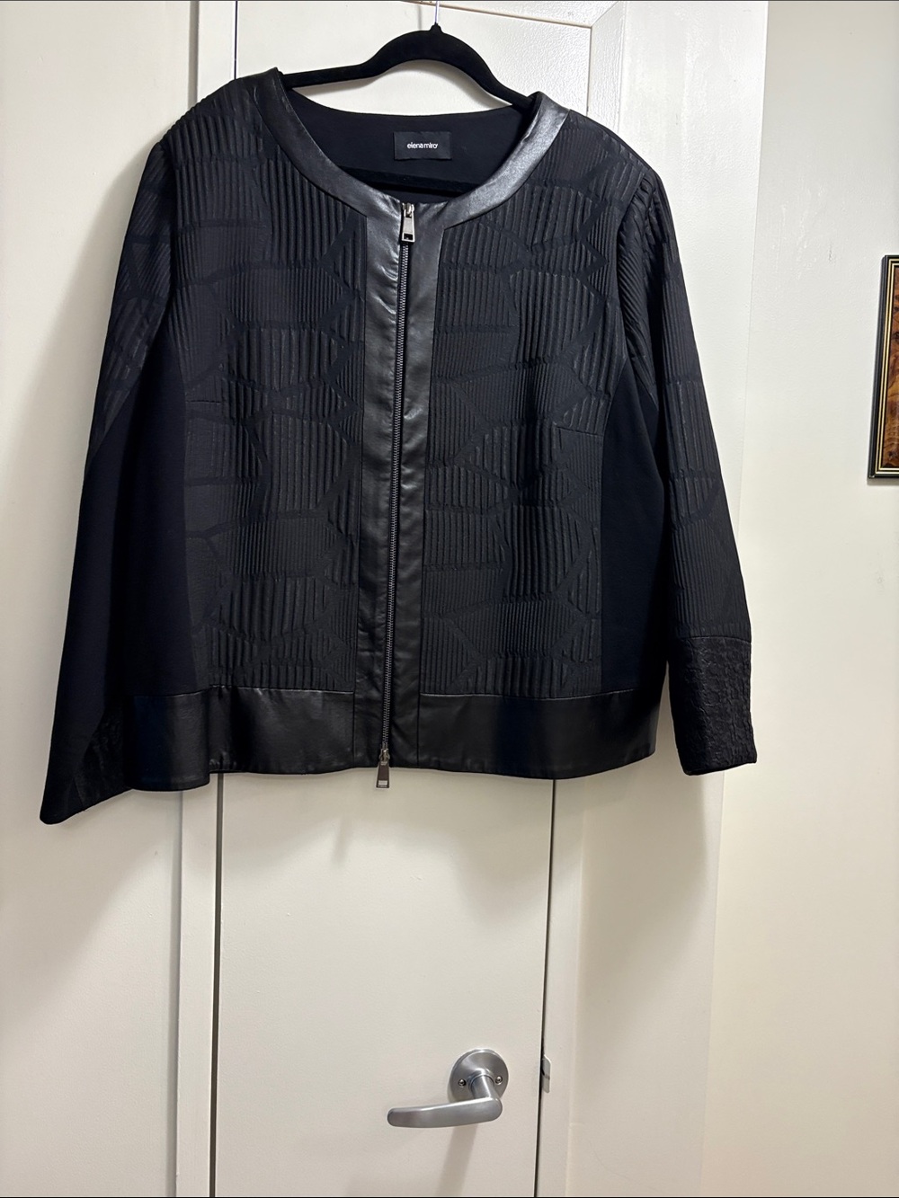 Elena Miro Black Textured Zip Jacket with Faux-Leather Trim. NWOT